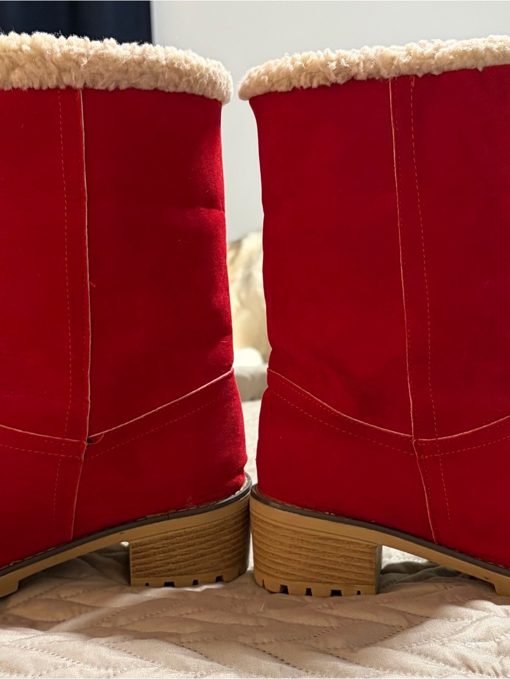 Women’s Red Faux-Suede Winter Boots with Faux-Fur Trim